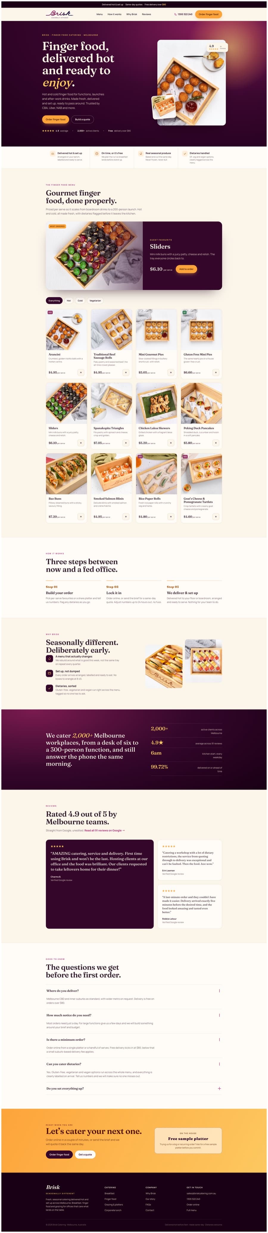 The Brisk Catering finger food catering landing page
